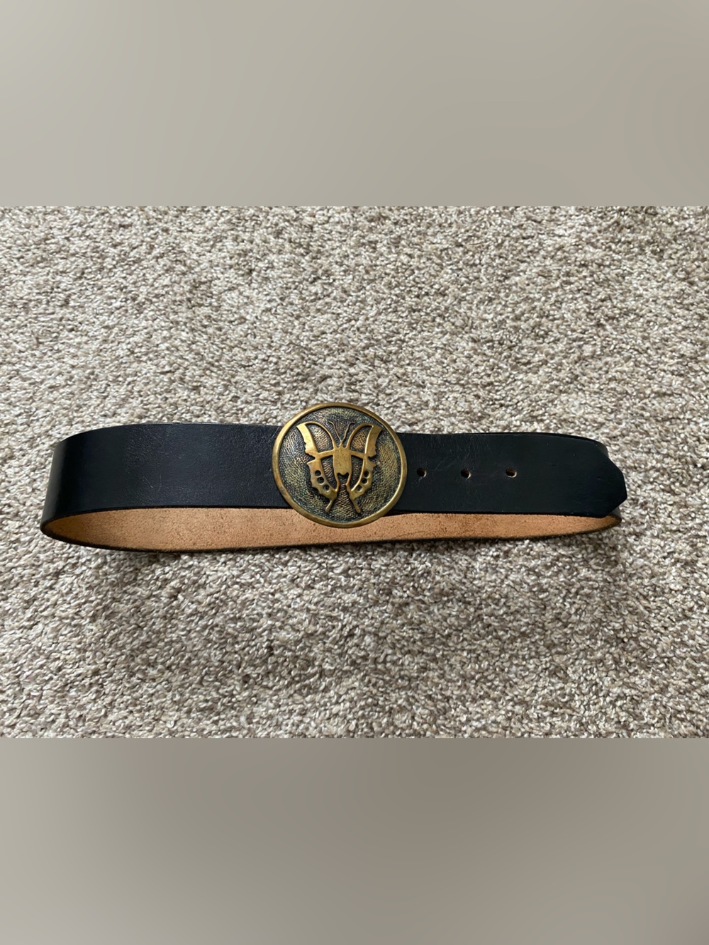 VTG Black Leather Belt With Brass Butterfly Buckle 3” EUC - Picture 5 of 6